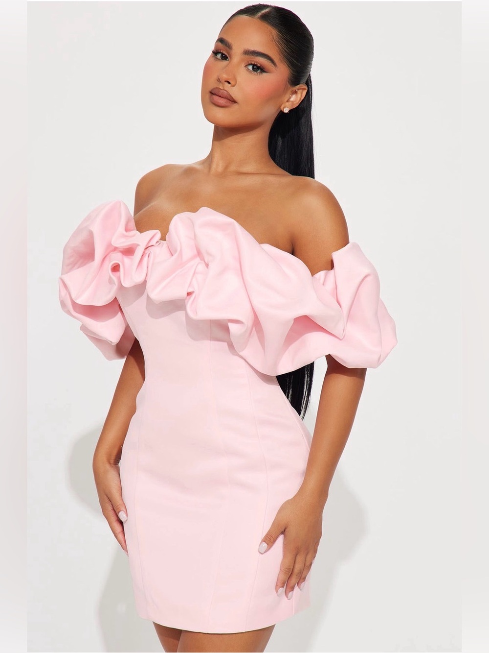 Fashion Nova Strapless Ruffle Mini Dress in Light Pink